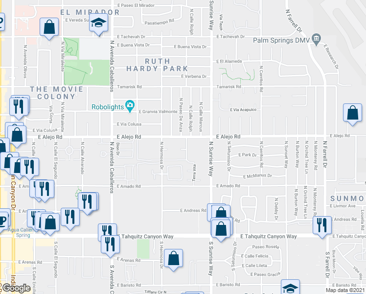 map of restaurants, bars, coffee shops, grocery stores, and more near 451 North Calle Rolph in Palm Springs