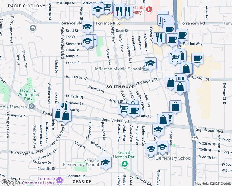 map of restaurants, bars, coffee shops, grocery stores, and more near 21808 Evalyn Avenue in Torrance