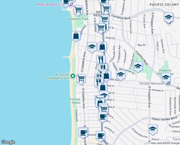 map of restaurants, bars, coffee shops, grocery stores, and more near 722 South Broadway in Redondo Beach