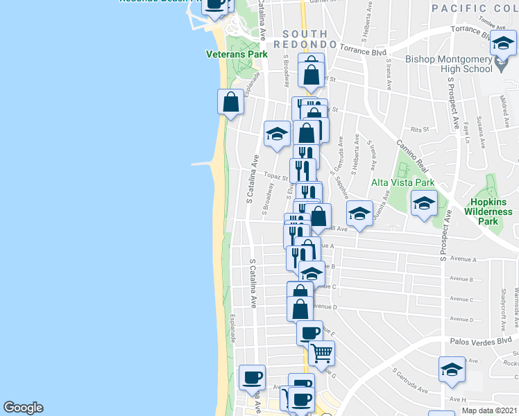 map of restaurants, bars, coffee shops, grocery stores, and more near 723 South Broadway in Redondo Beach