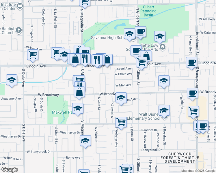 map of restaurants, bars, coffee shops, grocery stores, and more near 2508 West Mall Place in Anaheim