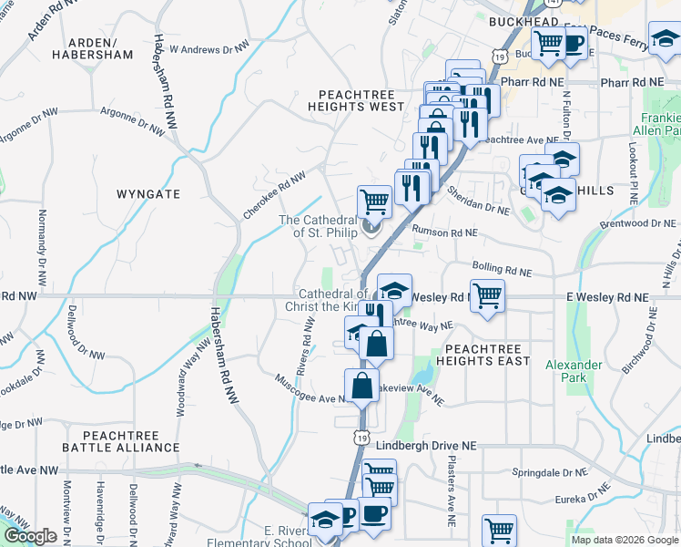 map of restaurants, bars, coffee shops, grocery stores, and more near 2734 Peachtree Road in Atlanta
