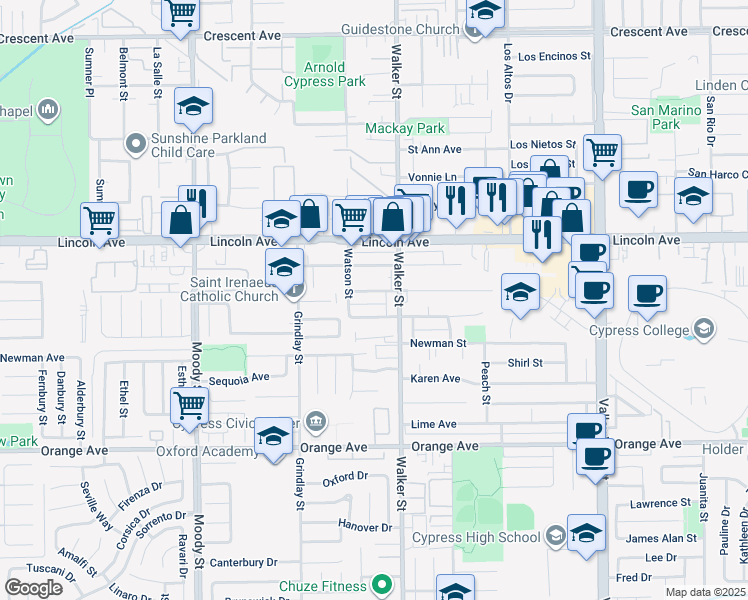 map of restaurants, bars, coffee shops, grocery stores, and more near 5412 Camp Street in Cypress
