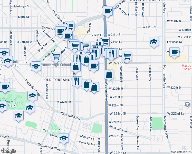 map of restaurants, bars, coffee shops, grocery stores, and more near 1808 1/2 Abalone Avenue in Torrance