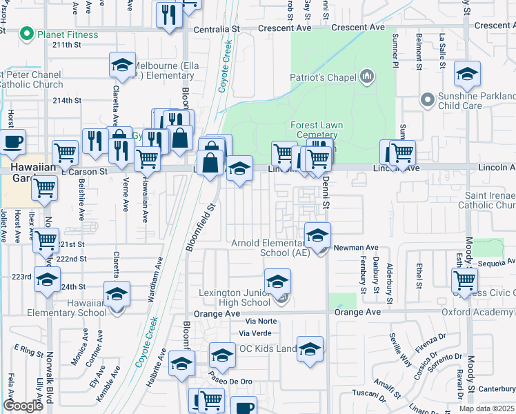map of restaurants, bars, coffee shops, grocery stores, and more near 9080 Bloomfield Avenue in Cypress