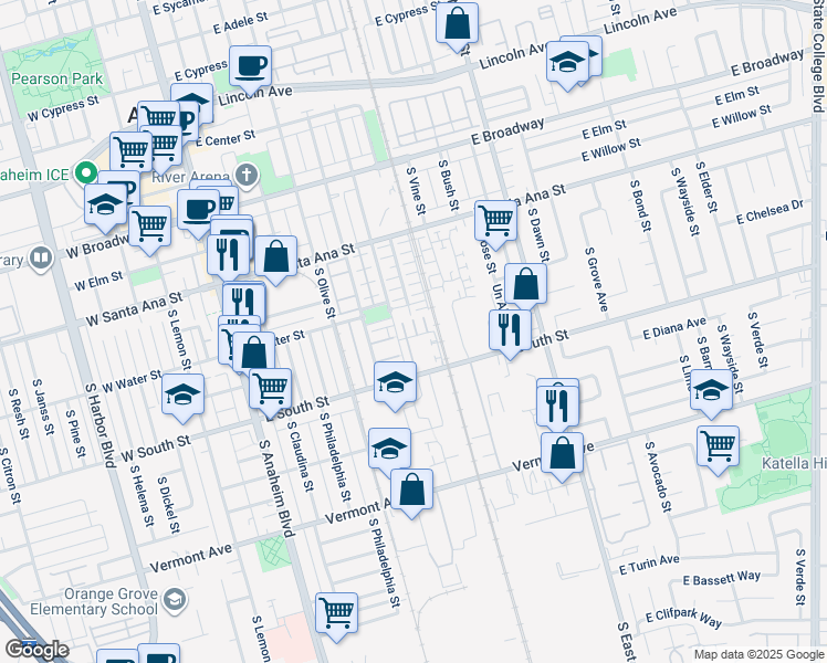 map of restaurants, bars, coffee shops, grocery stores, and more near 691 East Valencia Street in Anaheim