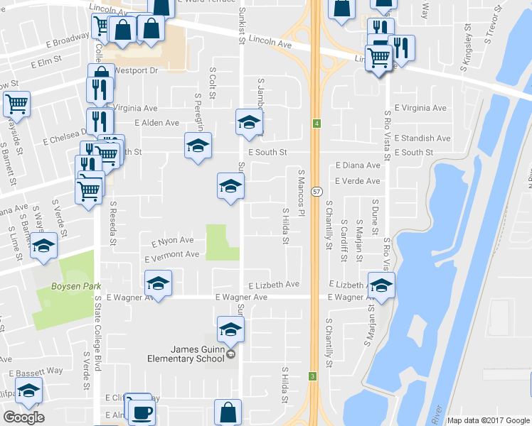 map of restaurants, bars, coffee shops, grocery stores, and more near 2533 East Hilda Place in Anaheim