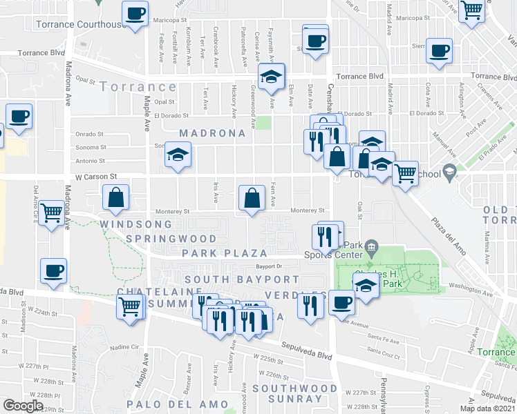 map of restaurants, bars, coffee shops, grocery stores, and more near 1755 Greenwood Avenue in Torrance