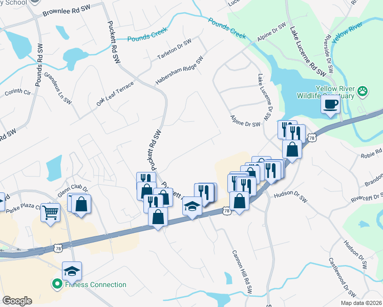 map of restaurants, bars, coffee shops, grocery stores, and more near 4932 Rock Haven Drive Southwest in Lilburn