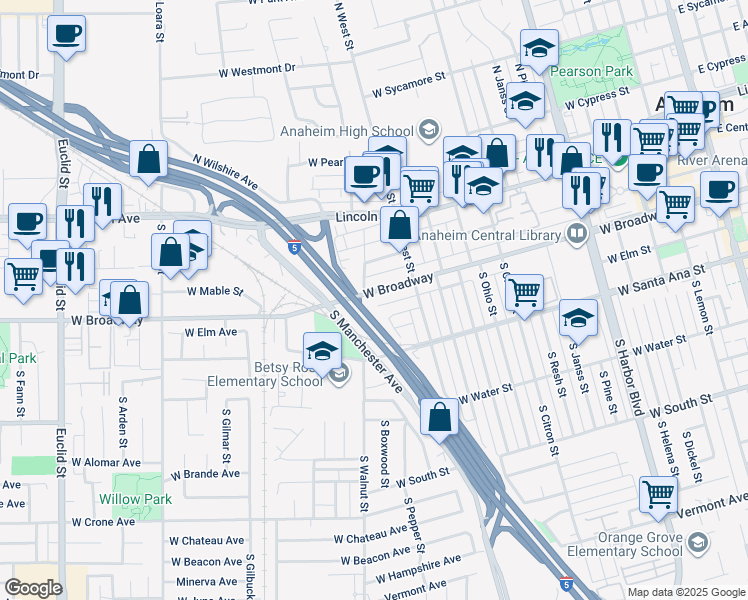 map of restaurants, bars, coffee shops, grocery stores, and more near 1142 West Broadway in Anaheim