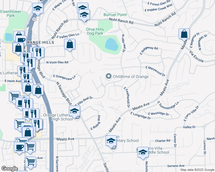map of restaurants, bars, coffee shops, grocery stores, and more near 2829 East Featherhill Drive in Orange