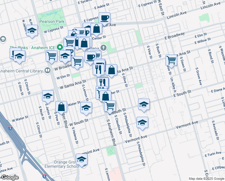 map of restaurants, bars, coffee shops, grocery stores, and more near 201 East Water Street in Anaheim