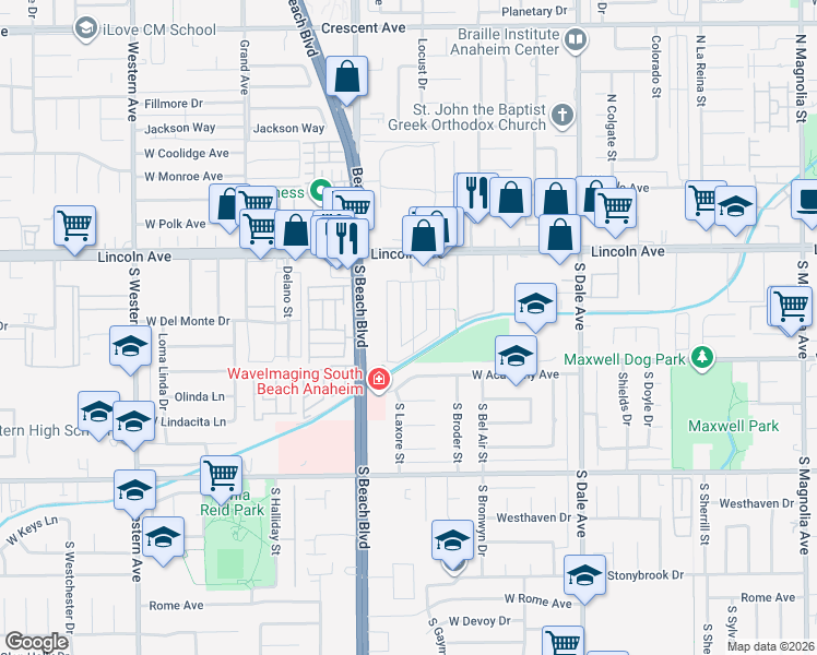 map of restaurants, bars, coffee shops, grocery stores, and more near 210 South Laxore Street in Anaheim