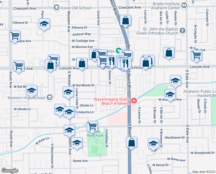 map of restaurants, bars, coffee shops, grocery stores, and more near 206 Delano Street in Anaheim