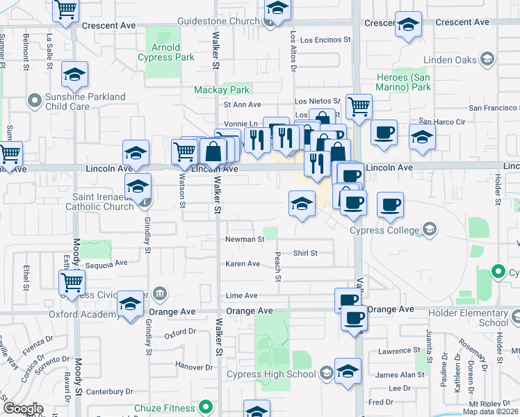 map of restaurants, bars, coffee shops, grocery stores, and more near 5602 Camp Street in Cypress