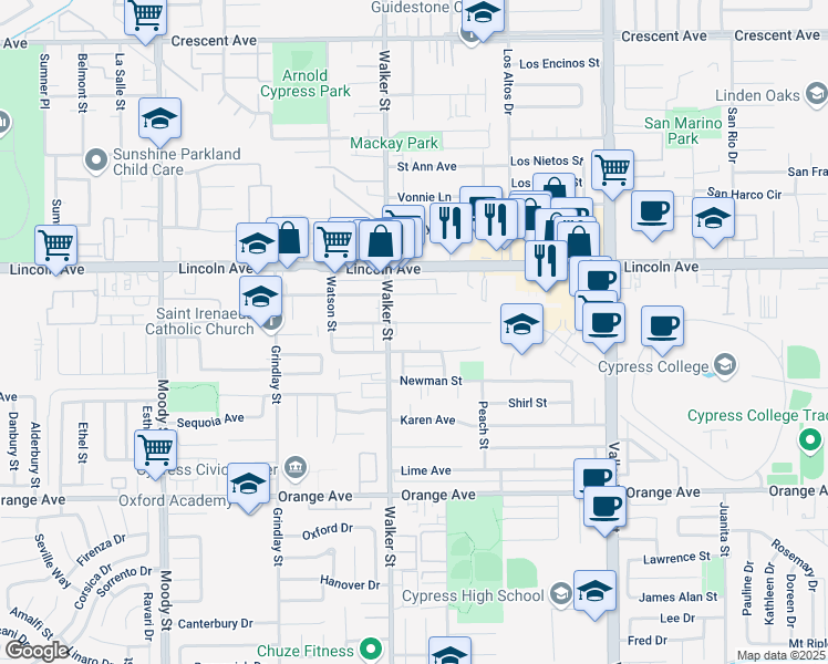 map of restaurants, bars, coffee shops, grocery stores, and more near 5524 Camp Street in Cypress
