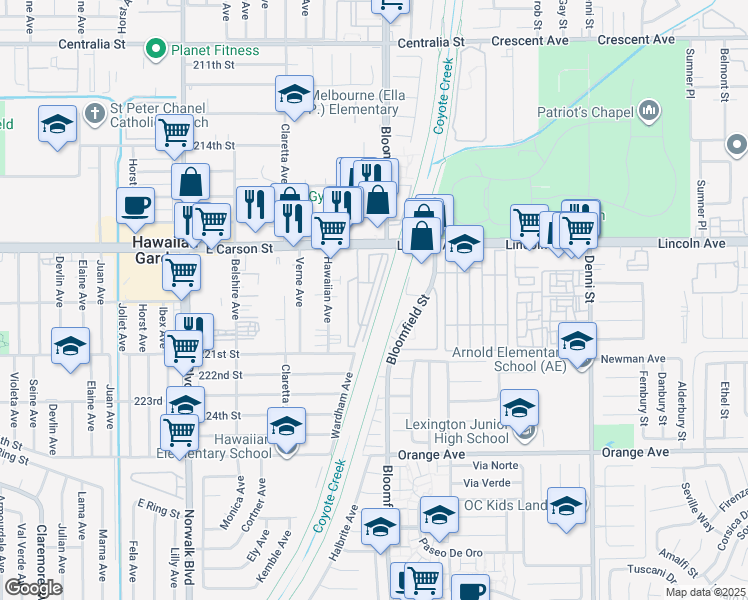 map of restaurants, bars, coffee shops, grocery stores, and more near 9181 Bloomfield Avenue in Cypress