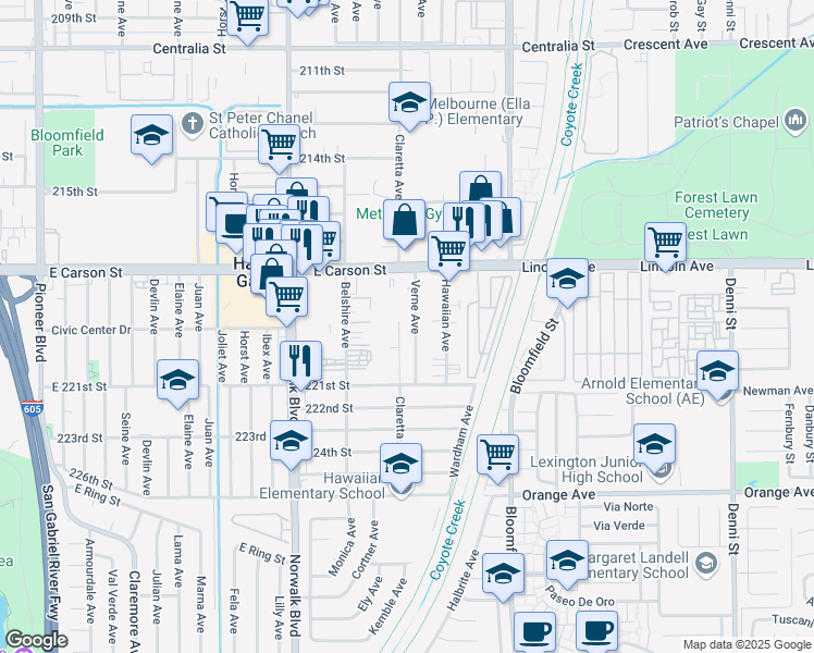 map of restaurants, bars, coffee shops, grocery stores, and more near 21909 Claretta Avenue in Hawaiian Gardens
