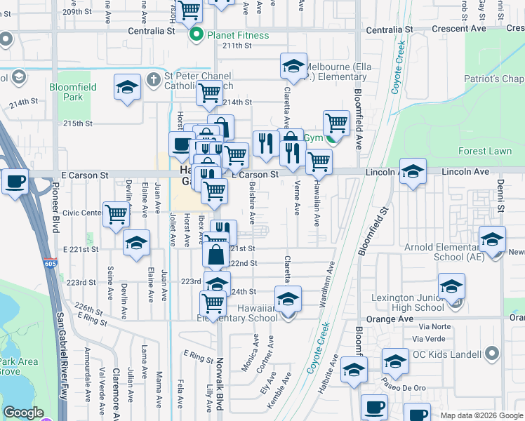 map of restaurants, bars, coffee shops, grocery stores, and more near 21828 Belshire Avenue in Hawaiian Gardens