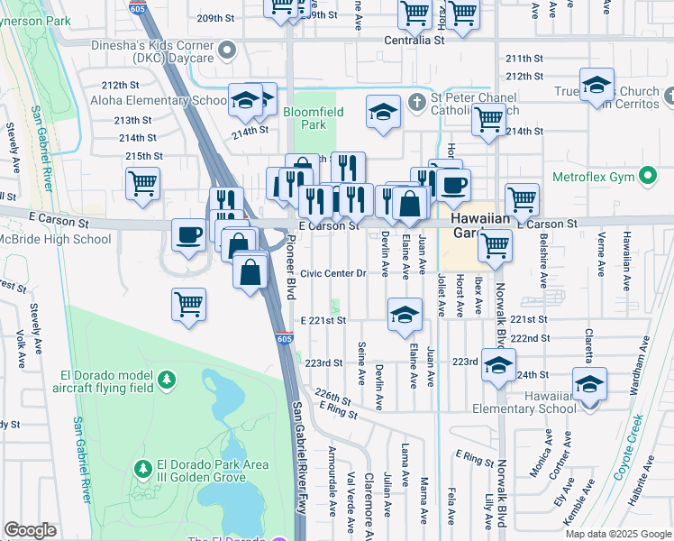 map of restaurants, bars, coffee shops, grocery stores, and more near 21827 Clarkdale Avenue in Hawaiian Gardens