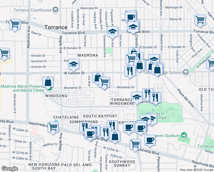 map of restaurants, bars, coffee shops, grocery stores, and more near 1755 Greenwood Avenue in Torrance