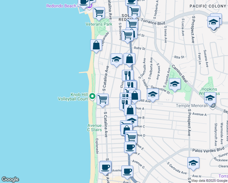 map of restaurants, bars, coffee shops, grocery stores, and more near 722 South Broadway in Redondo Beach