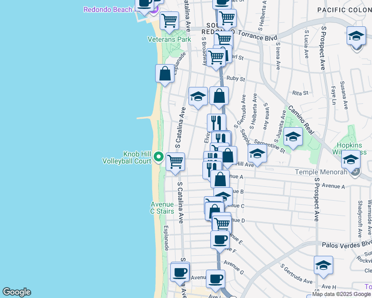map of restaurants, bars, coffee shops, grocery stores, and more near 722 South Broadway in Redondo Beach