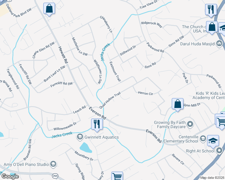 map of restaurants, bars, coffee shops, grocery stores, and more near 3680 Erdly Lane in Snellville
