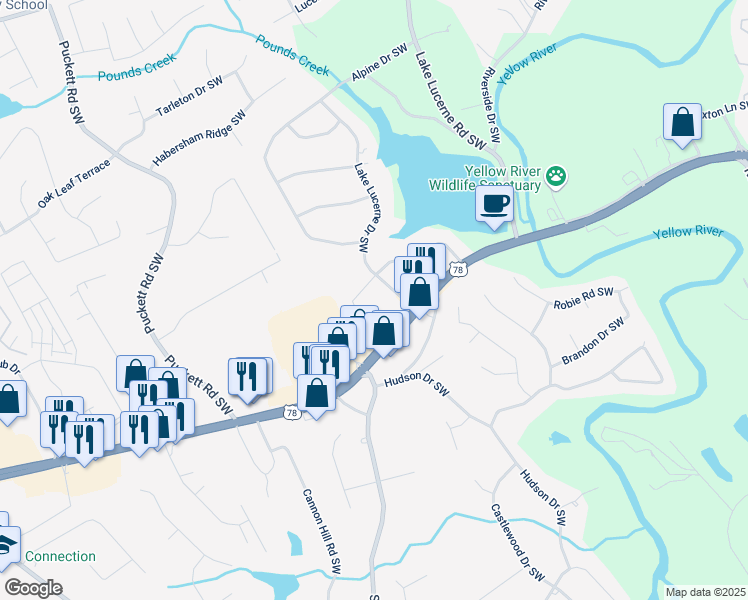 map of restaurants, bars, coffee shops, grocery stores, and more near 4790 Matterhorn Drive Southwest in Lilburn