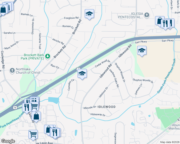 map of restaurants, bars, coffee shops, grocery stores, and more near 4065 Cedar Knoll Drive in Tucker
