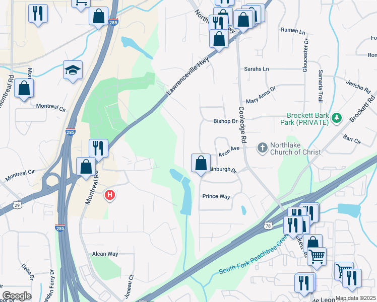 map of restaurants, bars, coffee shops, grocery stores, and more near 1635 Zemory Drive in Tucker