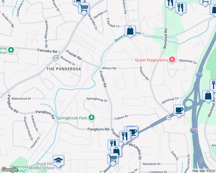 map of restaurants, bars, coffee shops, grocery stores, and more near 1631 Frazier Road in Decatur