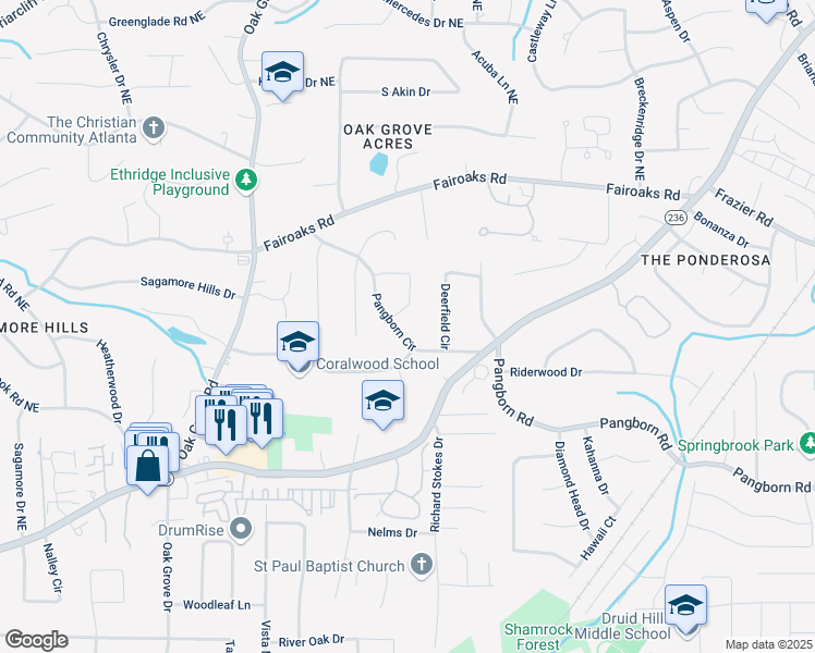 map of restaurants, bars, coffee shops, grocery stores, and more near 2480 Pangborn Circle in Decatur