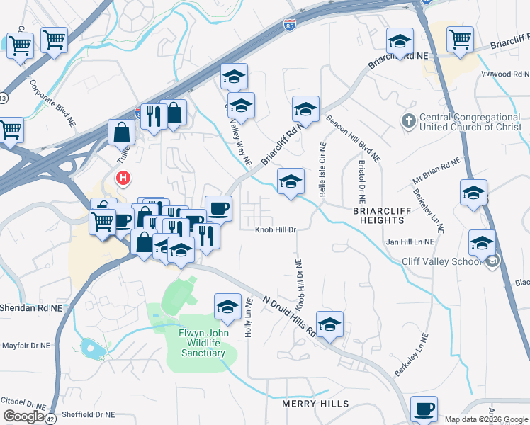map of restaurants, bars, coffee shops, grocery stores, and more near 2633 Portbury Place Northeast in Atlanta