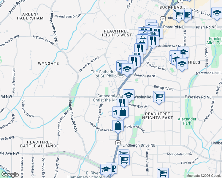map of restaurants, bars, coffee shops, grocery stores, and more near 2734 Peachtree Road in Atlanta