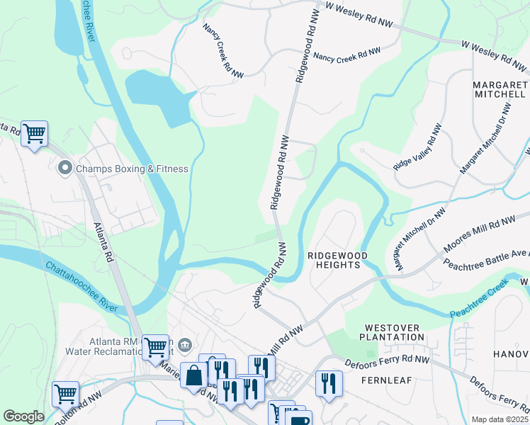 map of restaurants, bars, coffee shops, grocery stores, and more near 2730 Ridgewood Road Northwest in Atlanta
