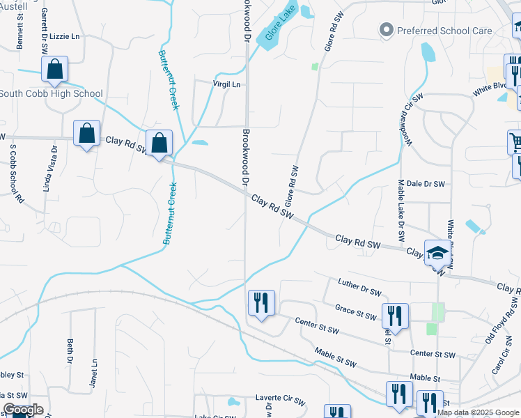 map of restaurants, bars, coffee shops, grocery stores, and more near 1305 Clay Road Southwest in Mableton