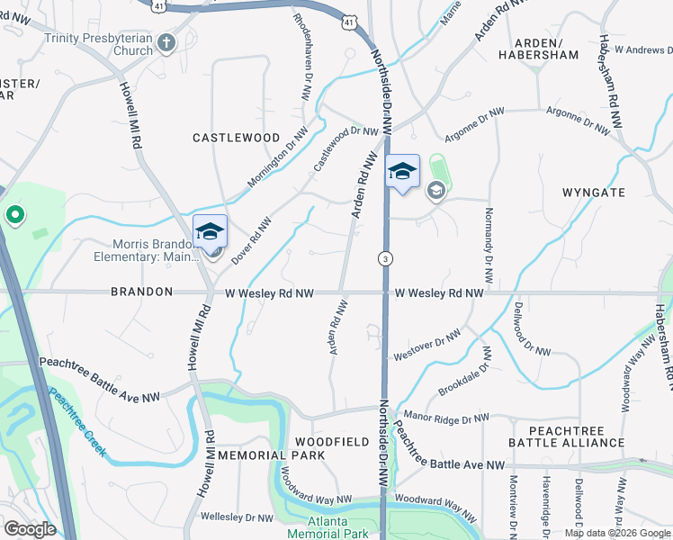 map of restaurants, bars, coffee shops, grocery stores, and more near 2760 Arden Road Northwest in Atlanta