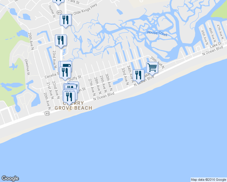 map of restaurants, bars, coffee shops, grocery stores, and more near 206 30th Avenue North in Atlantic Beach
