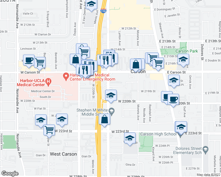 map of restaurants, bars, coffee shops, grocery stores, and more near 21818 Figueroa Street in Carson