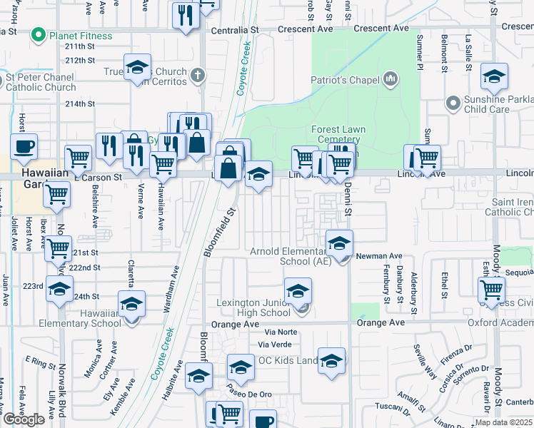 map of restaurants, bars, coffee shops, grocery stores, and more near 9080 Bloomfield Avenue in Cypress