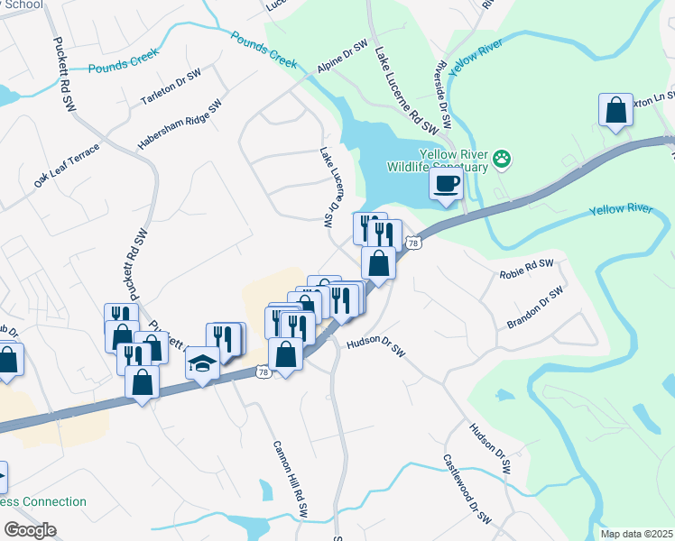map of restaurants, bars, coffee shops, grocery stores, and more near 4790 Matterhorn Drive Southwest in Lilburn