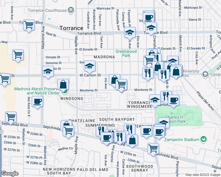 map of restaurants, bars, coffee shops, grocery stores, and more near 2759 Monterey Street in Torrance
