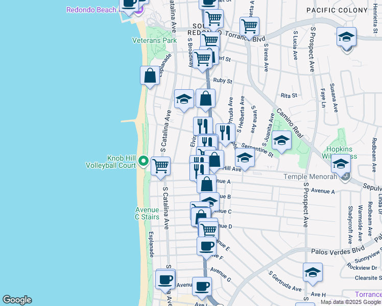 map of restaurants, bars, coffee shops, grocery stores, and more near 721 South Pacific Coast Highway in Redondo Beach
