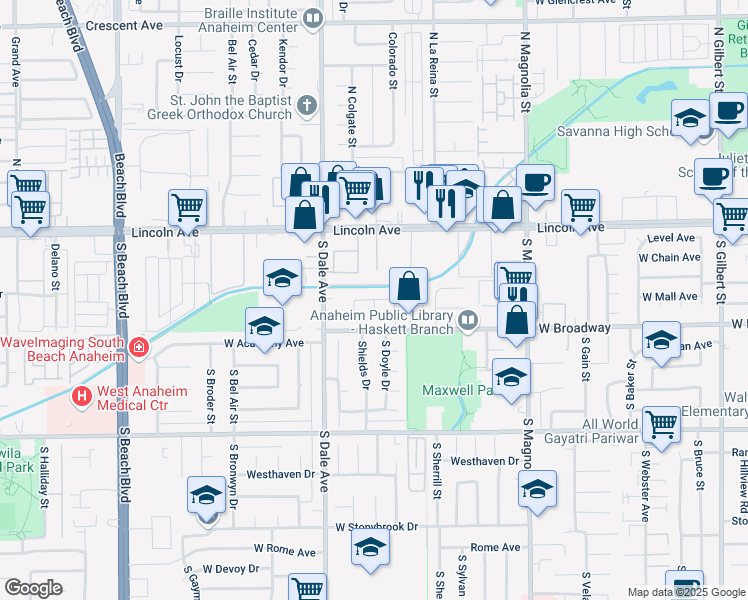 map of restaurants, bars, coffee shops, grocery stores, and more near 2732 West Tola Avenue in Anaheim