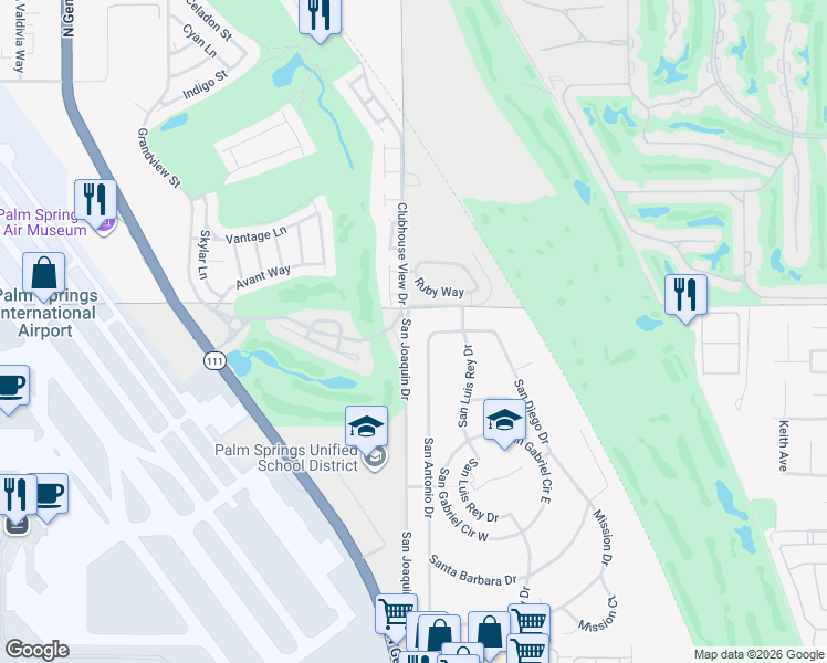 map of restaurants, bars, coffee shops, grocery stores, and more near 30146 San Joaquin Drive in Cathedral City