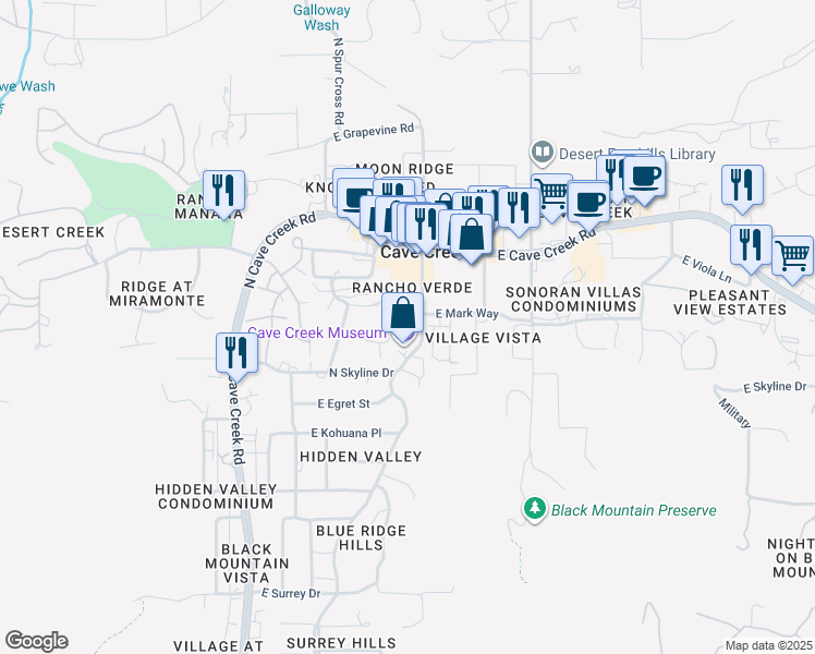 map of restaurants, bars, coffee shops, grocery stores, and more near 38008 North Basin Road in Cave Creek