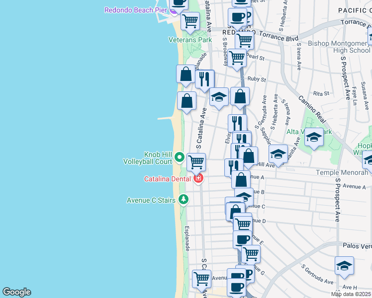map of restaurants, bars, coffee shops, grocery stores, and more near in Redondo Beach