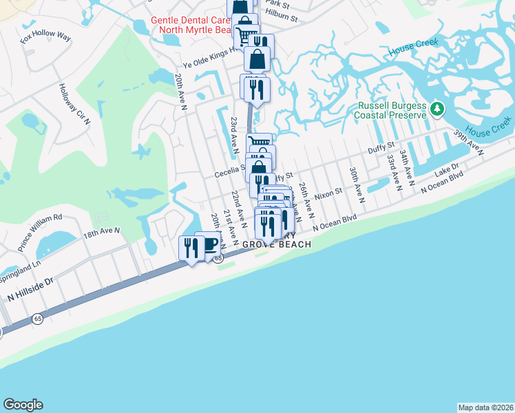 map of restaurants, bars, coffee shops, grocery stores, and more near 300 Sea Mountain Highway in North Myrtle Beach