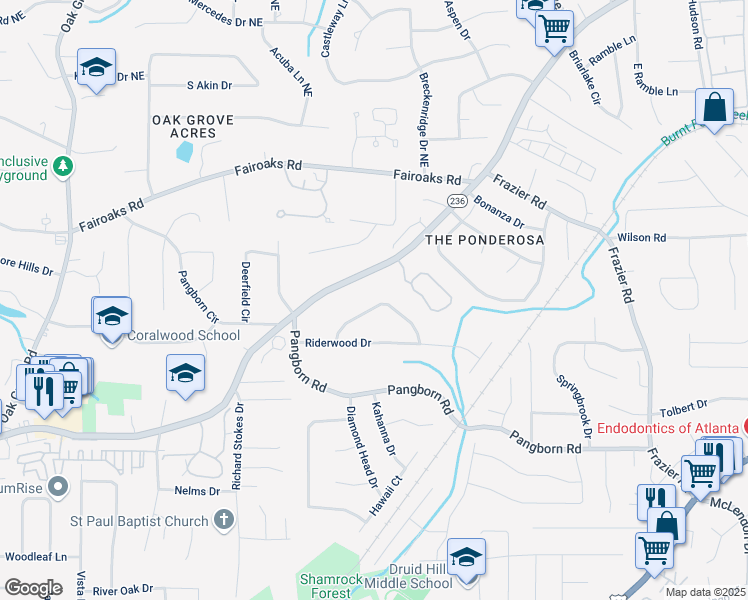 map of restaurants, bars, coffee shops, grocery stores, and more near 2744 Hunting Hill Lane in Decatur
